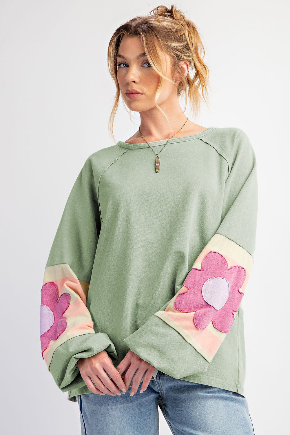 Sail Blue Flower Patchwork Raglan Sleeve Exposed Seam Oversized Top