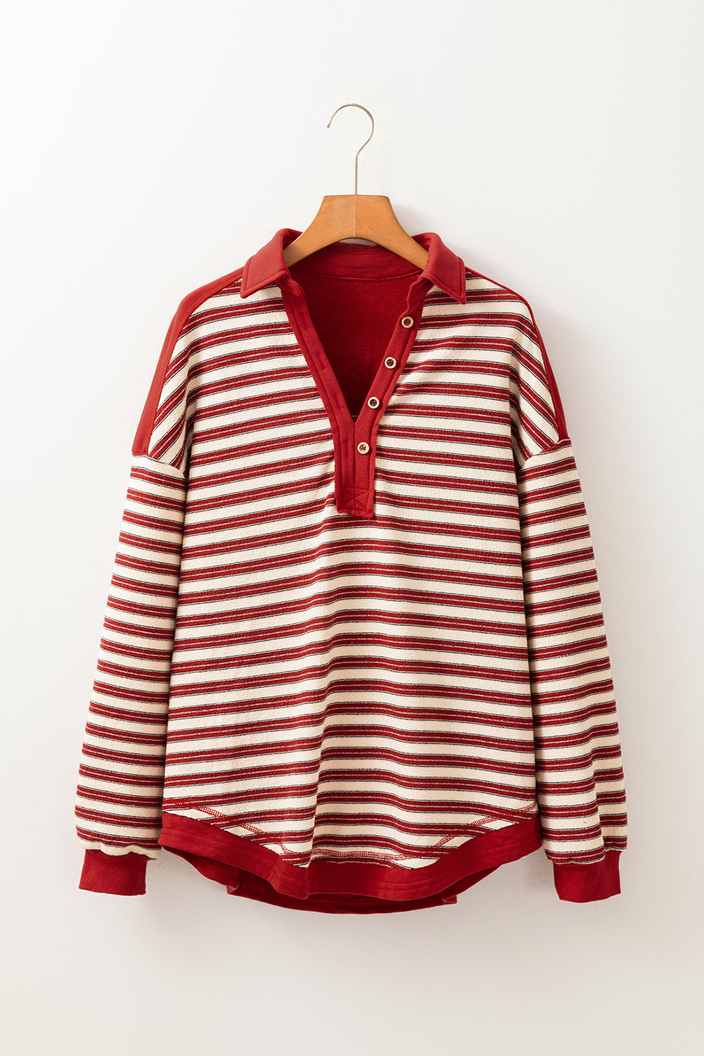Blue Stripe Buttoned V Neck Collared Drop Shoulder Top