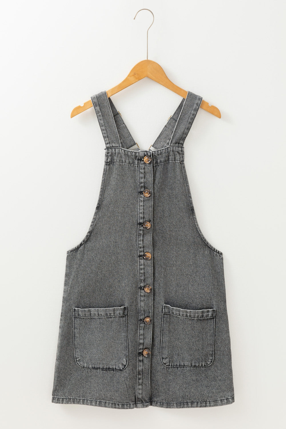 Beau Blue Wide Strap Button Front Pocketed Denim Mini Dress