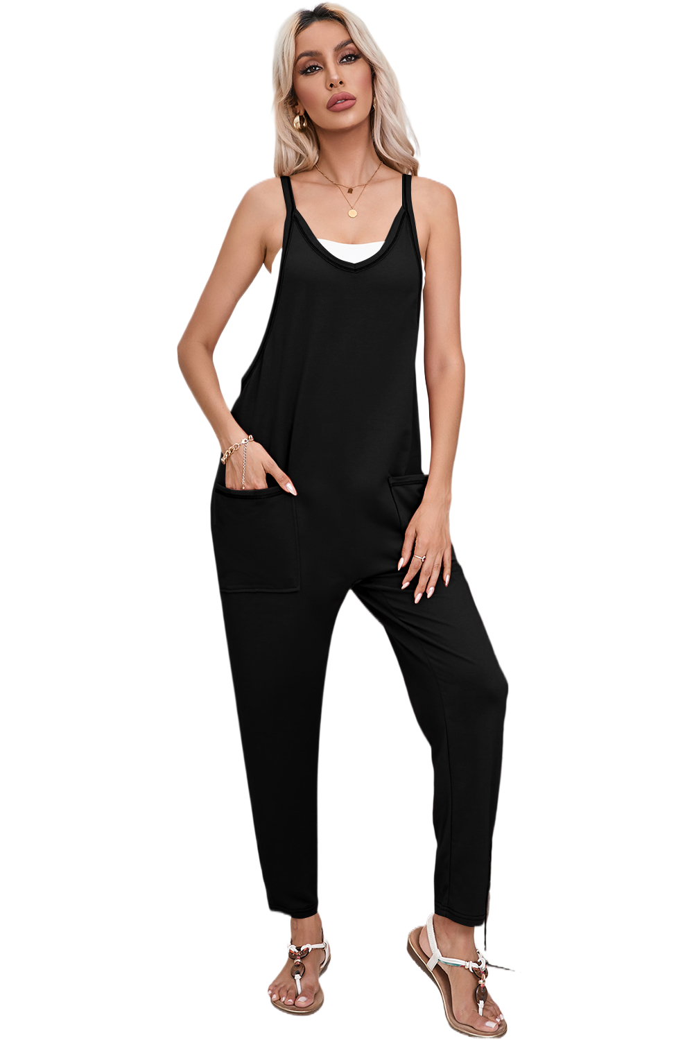 Apricot Side Pockets Harem Pants Sleeveless V Neck Jumpsuit