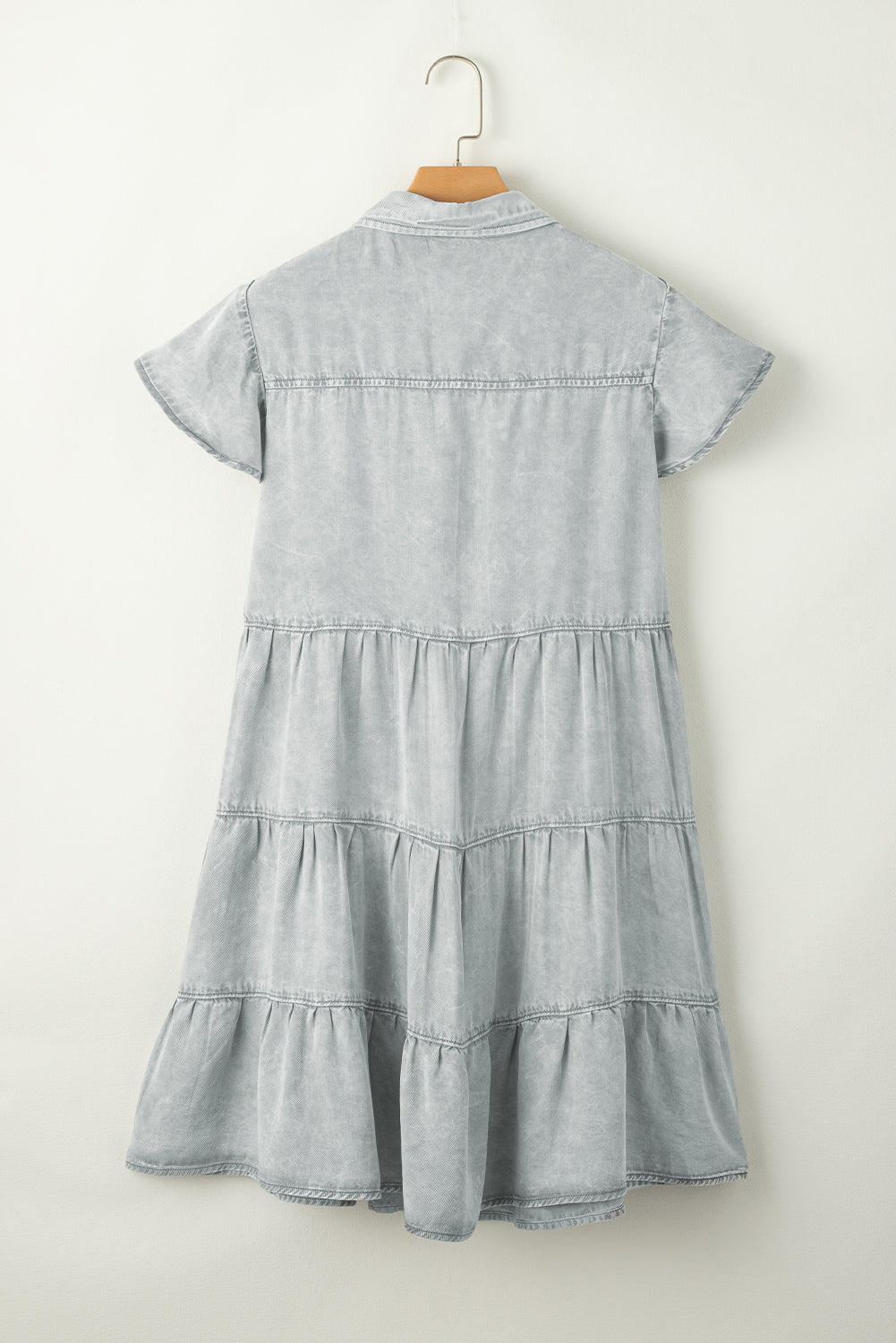 Bonbon Mineral Washed Ruffle Sleeve Tiered Chambray Dress
