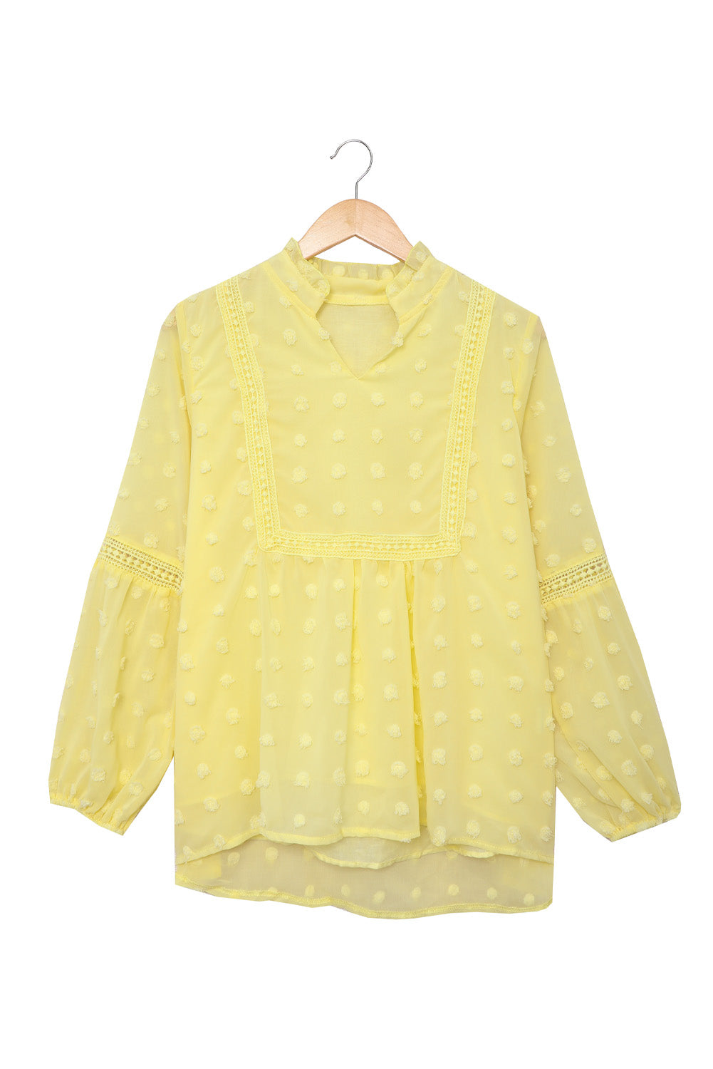 Blue Ruffled Split Neck Lace Hollow Out Puff Sleeve Polka Dot Blouse