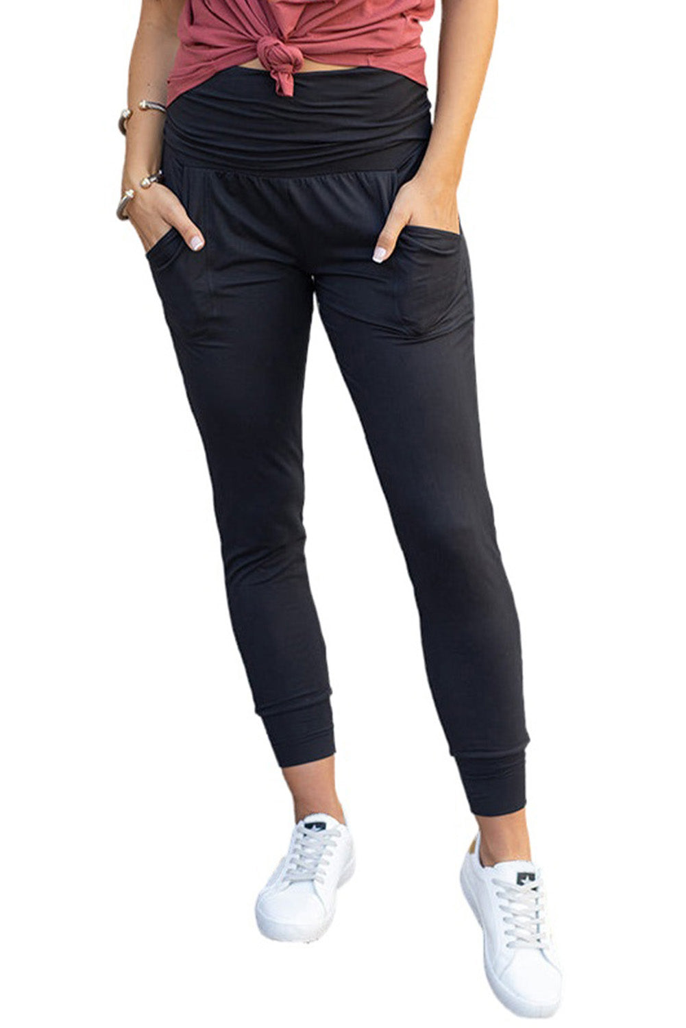 Gray High Waist Pleated Pocket Leggings