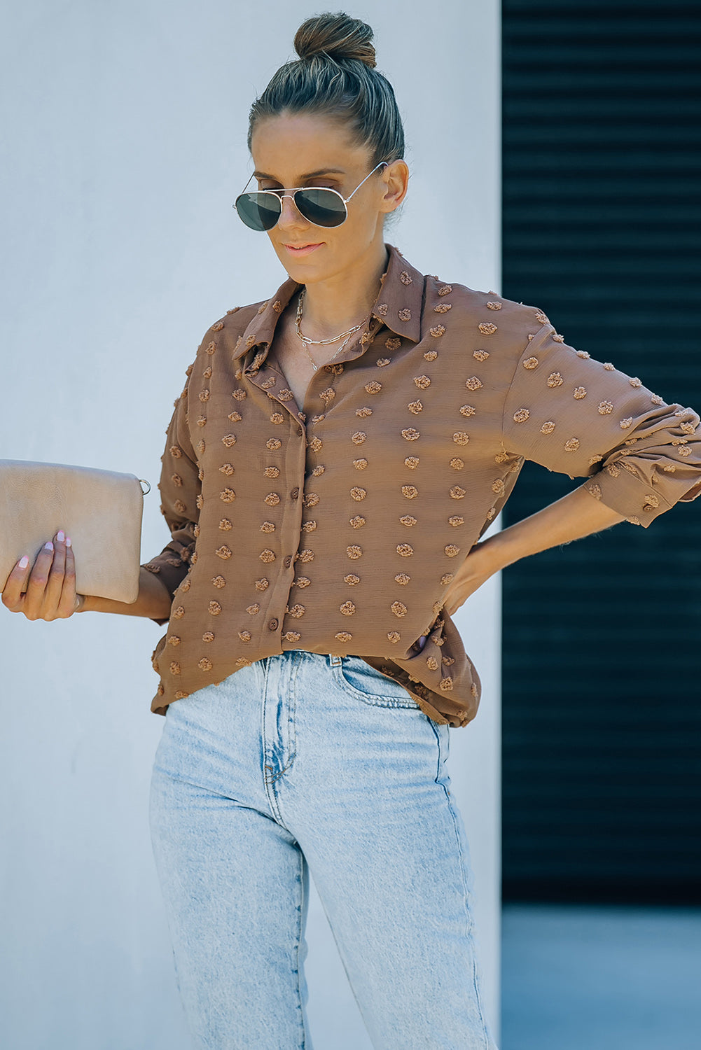 Gray Long Sleeve Button Fuzzy Polka Dot Shirt