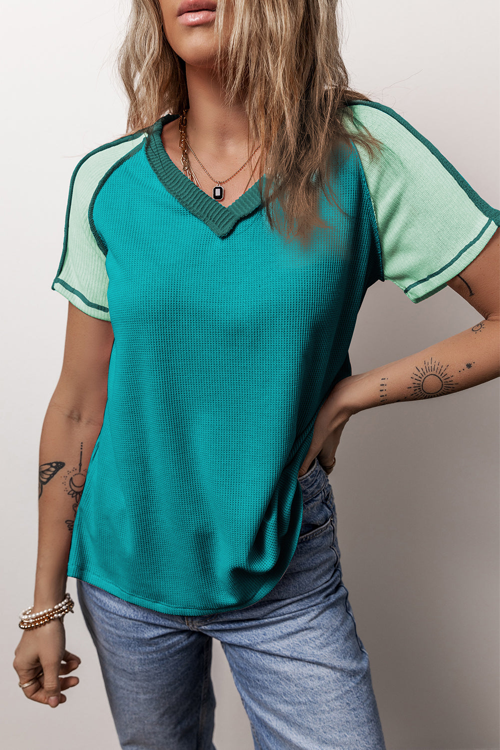 Orange Exposed Seam Color Block Knitted V Neck T-shirt