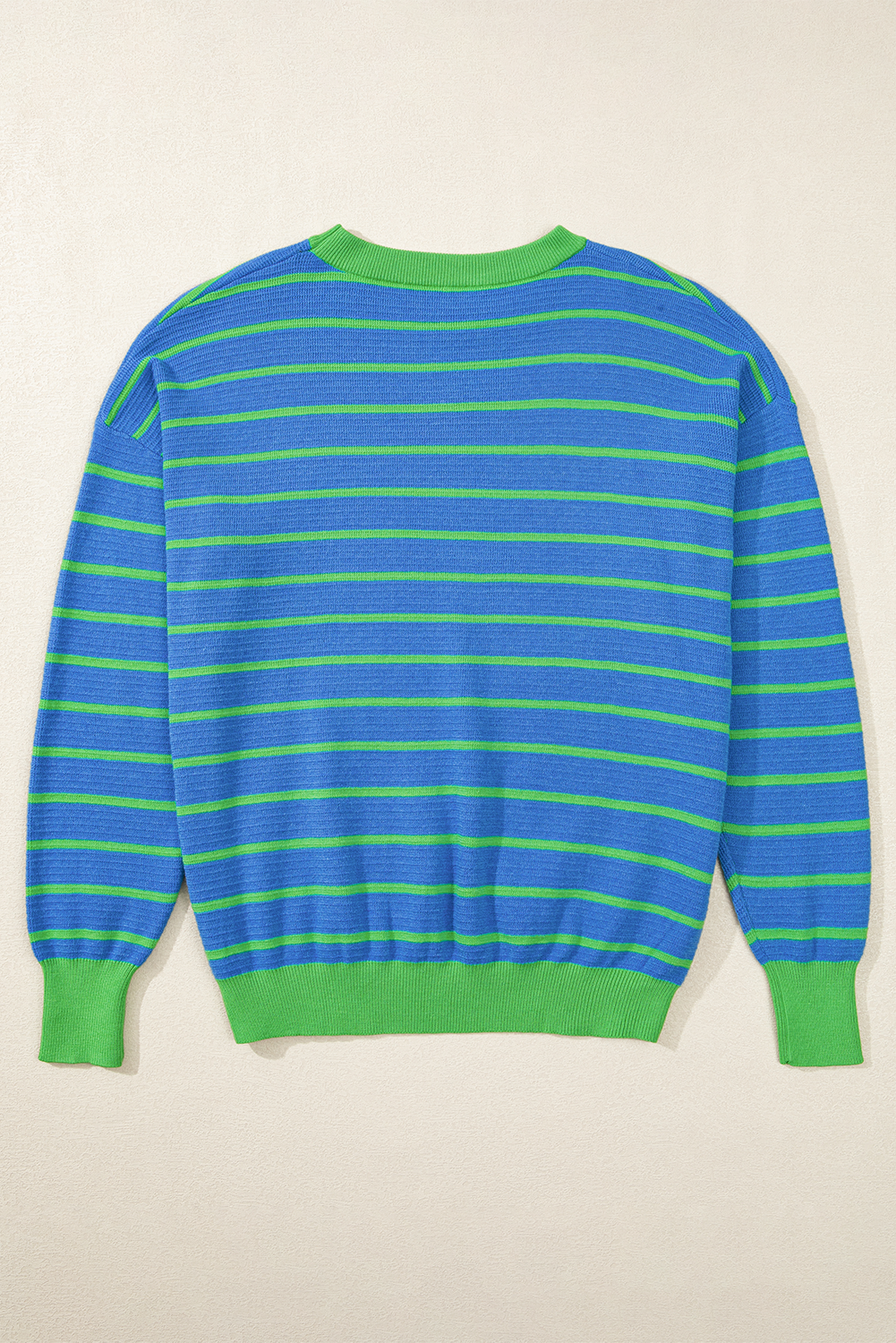 Pink Stripe Trimmed Round Neck Drop Shoulder Loose Sweater