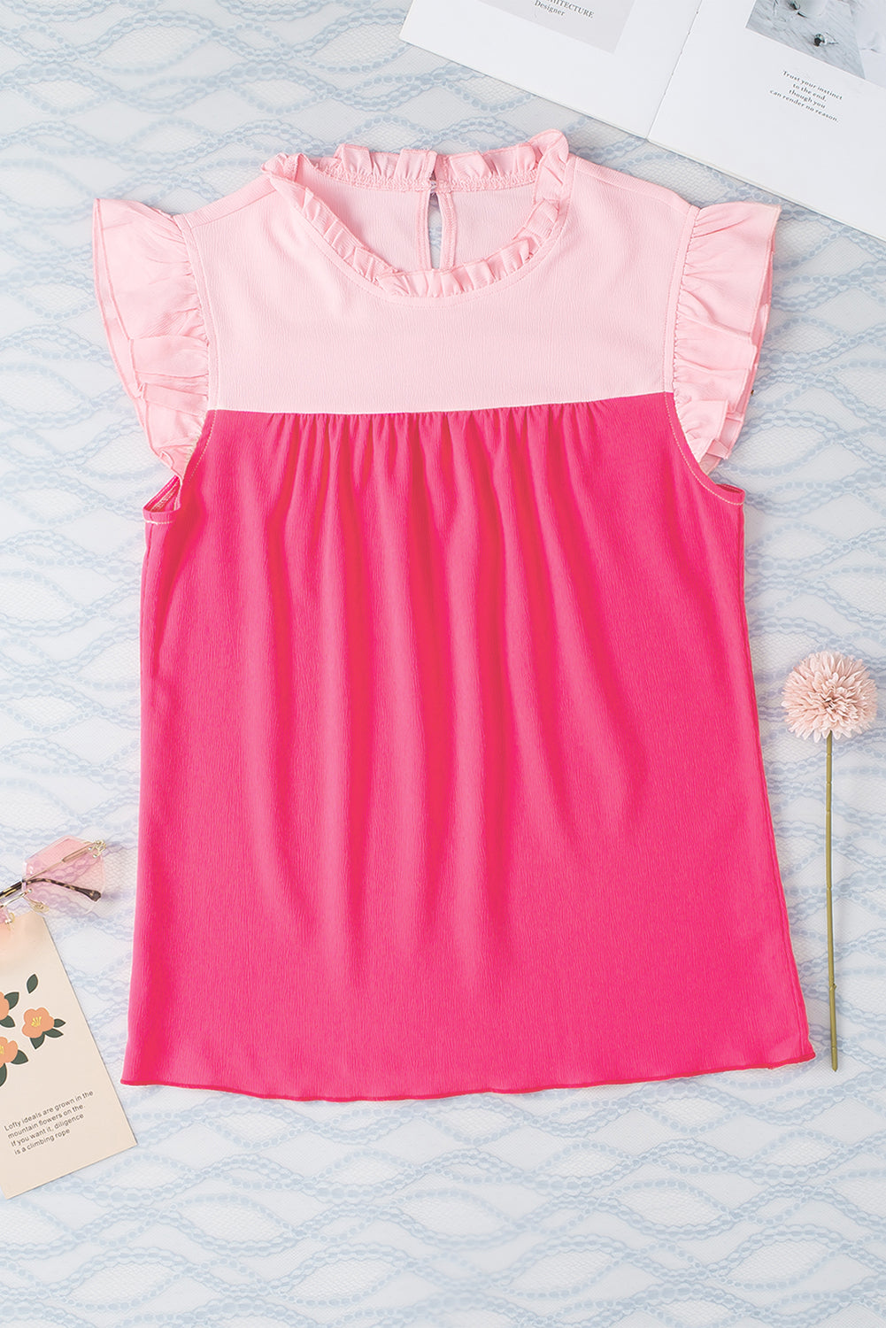 Orange Two Tone Ruffled Flutter Sleeve Blouse