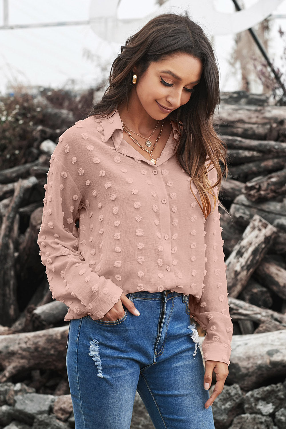 Gray Long Sleeve Button Fuzzy Polka Dot Shirt