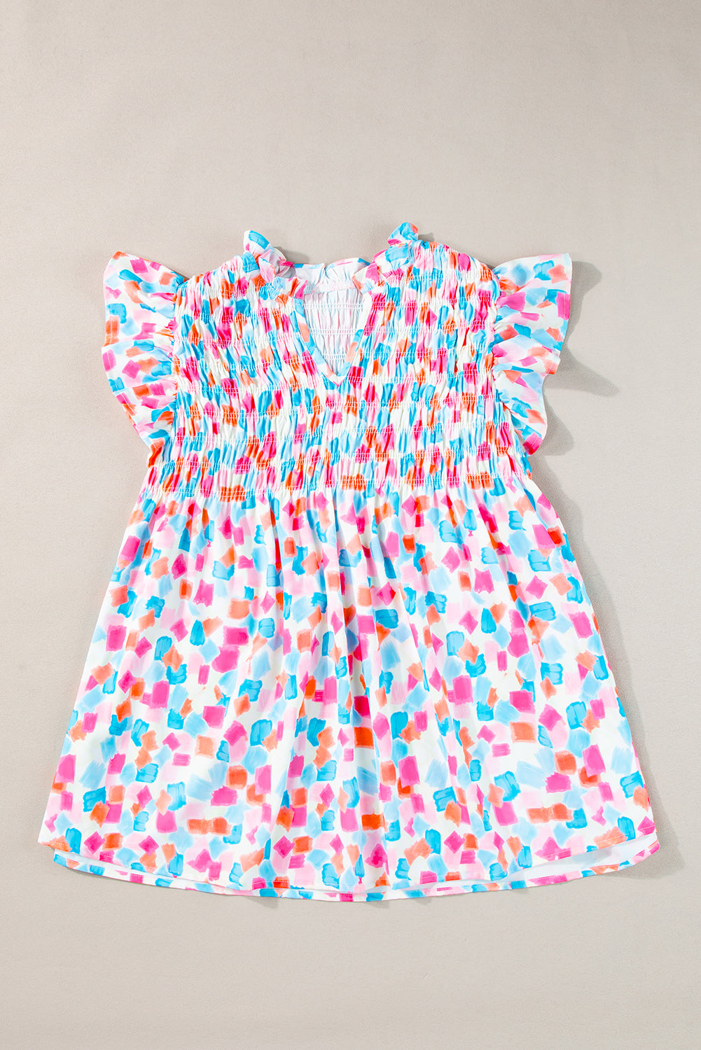 Pink Shirred Yoke Ruffled Abstract Printed Blouse