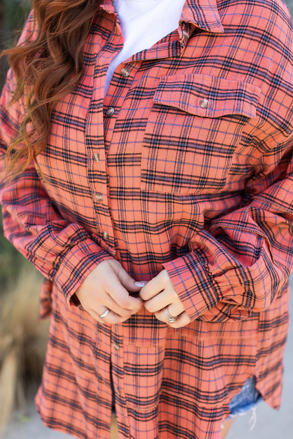 Green Plaid Long Sleeeve Side Split Distressed Hem Shirt