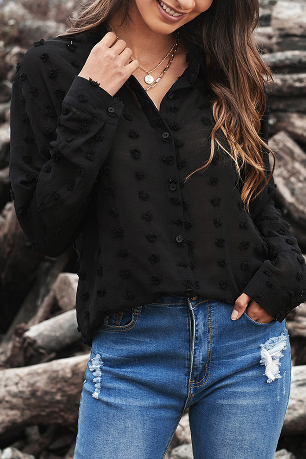 Gray Long Sleeve Button Fuzzy Polka Dot Shirt