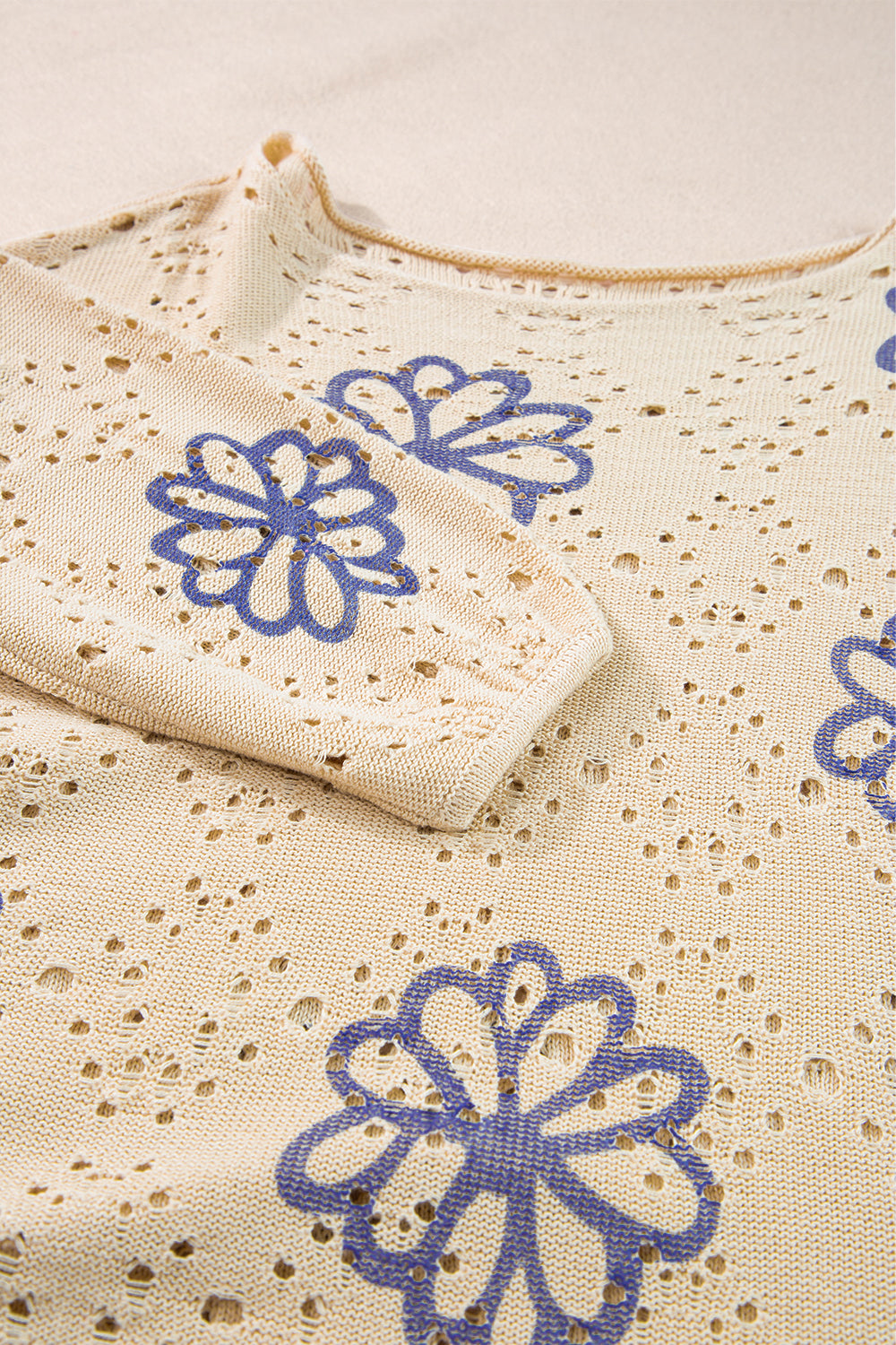 White Contrast Flower Print Eyelet Drop Shoulder Sweater