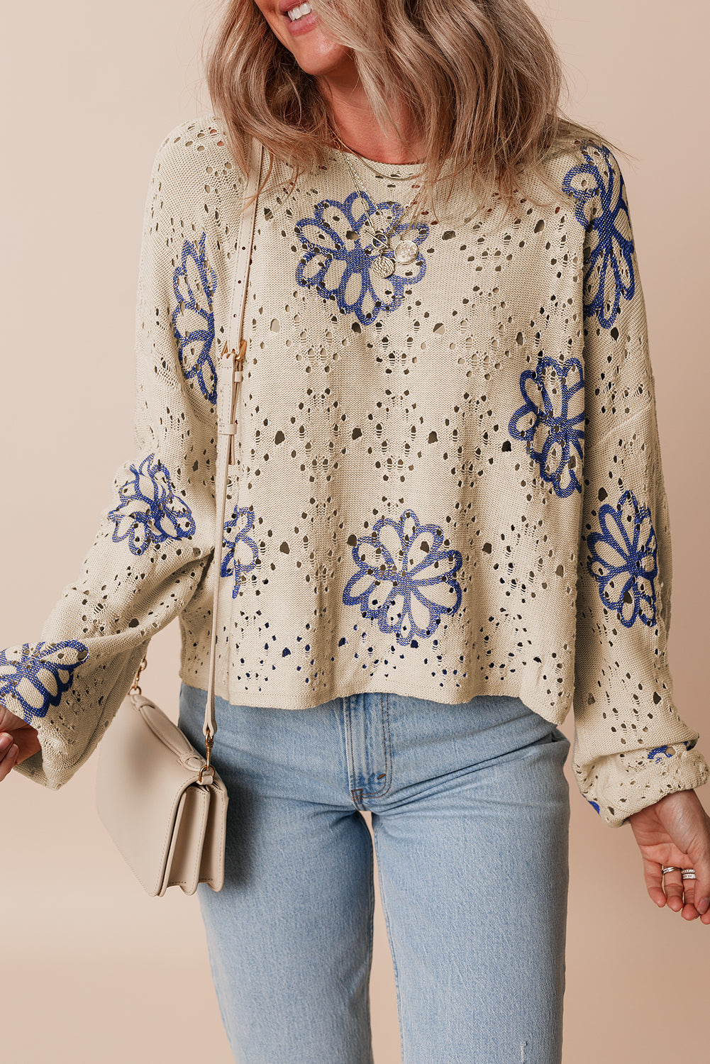 White Contrast Flower Print Eyelet Drop Shoulder Sweater
