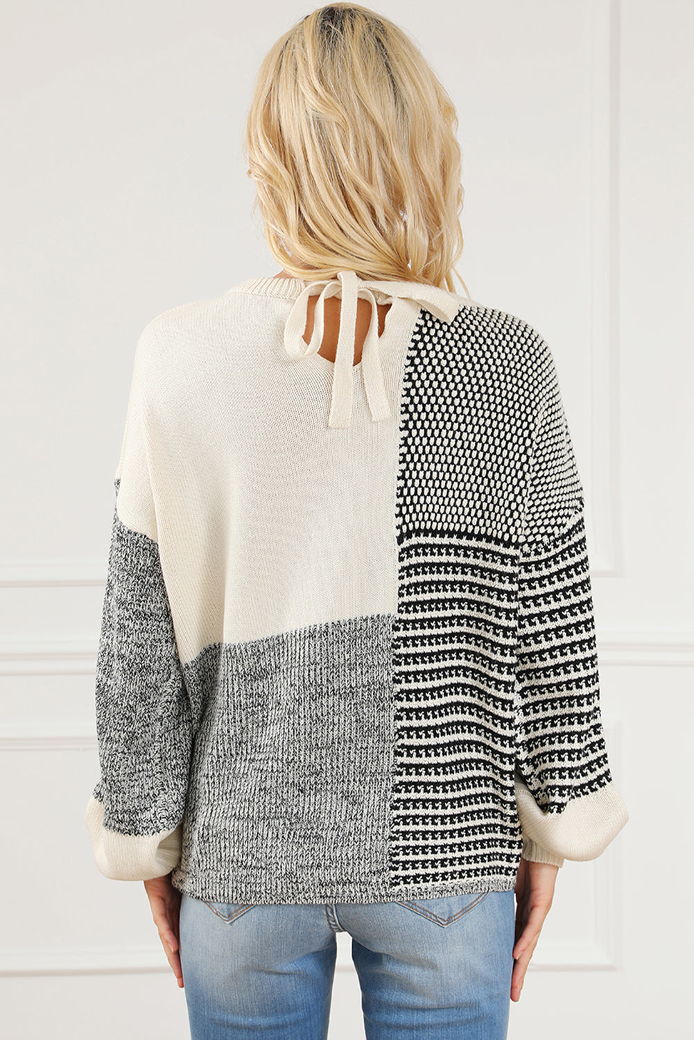 Bonbon Neutral Colorblock Tie Back Sweater