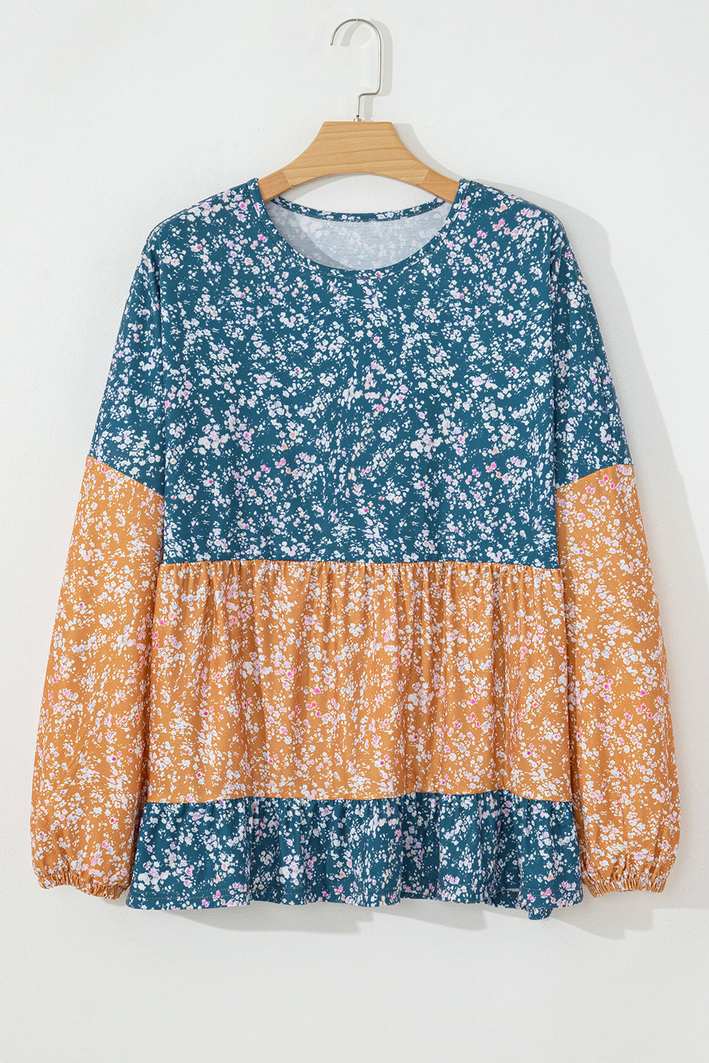 Blue Floral Color Block Patchwork Ruffled Hem Round Neck Blouse