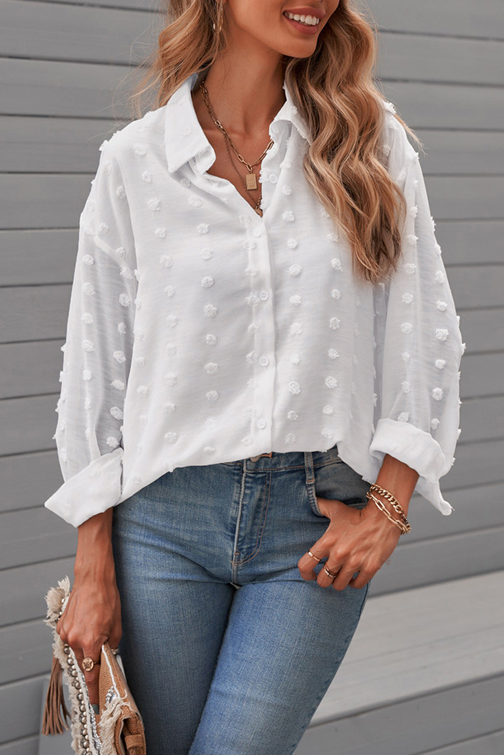 Gray Long Sleeve Button Fuzzy Polka Dot Shirt