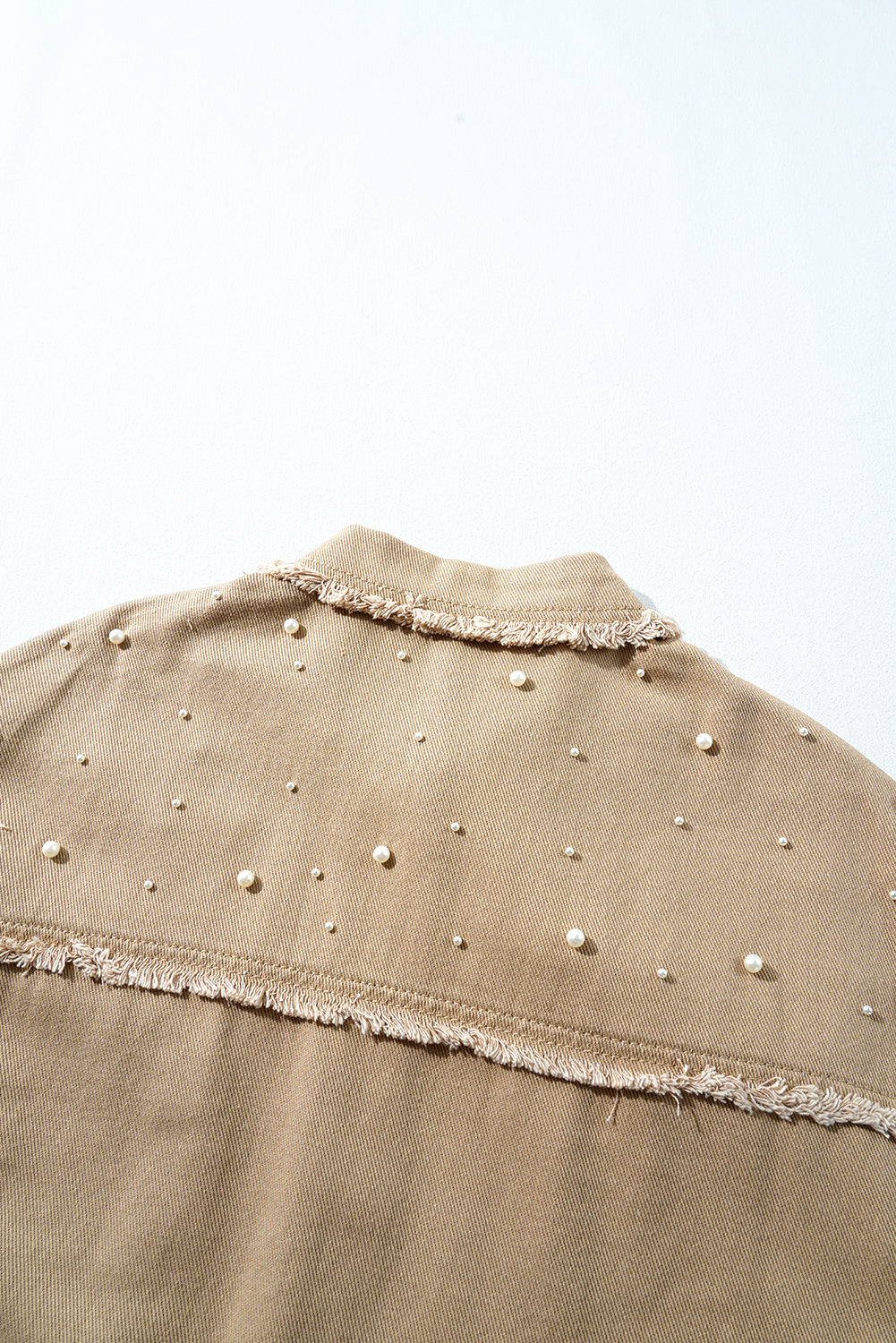 Bonbon Pearl Beaded Raw Hem Button Up Denim Jacket