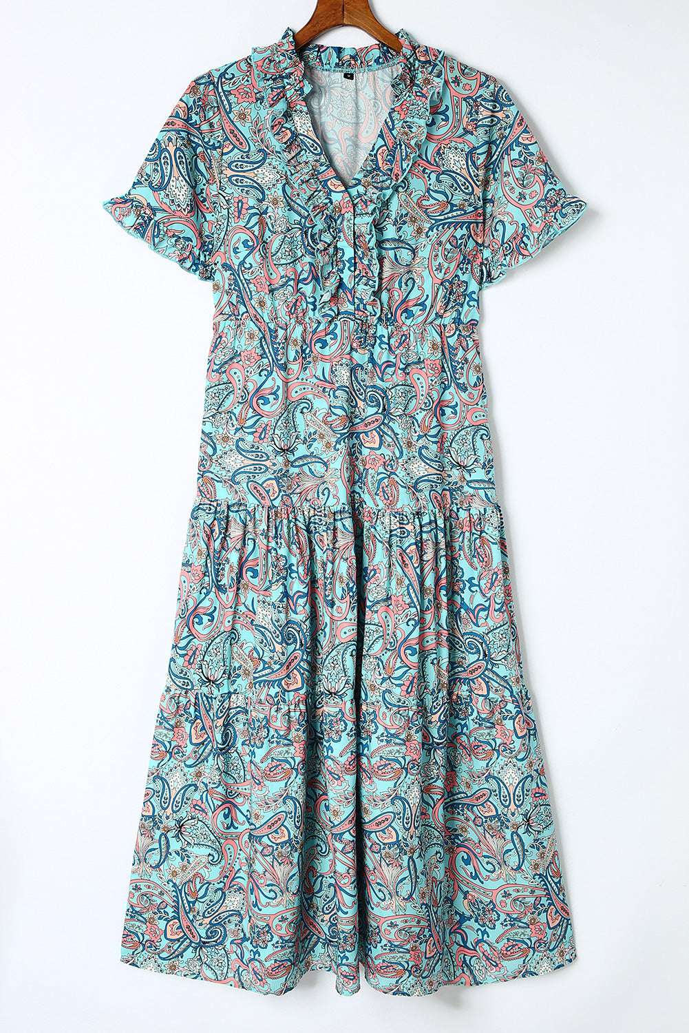 Pink Paisley Print Boho Holiday Ruffle Tiered Maxi Dress