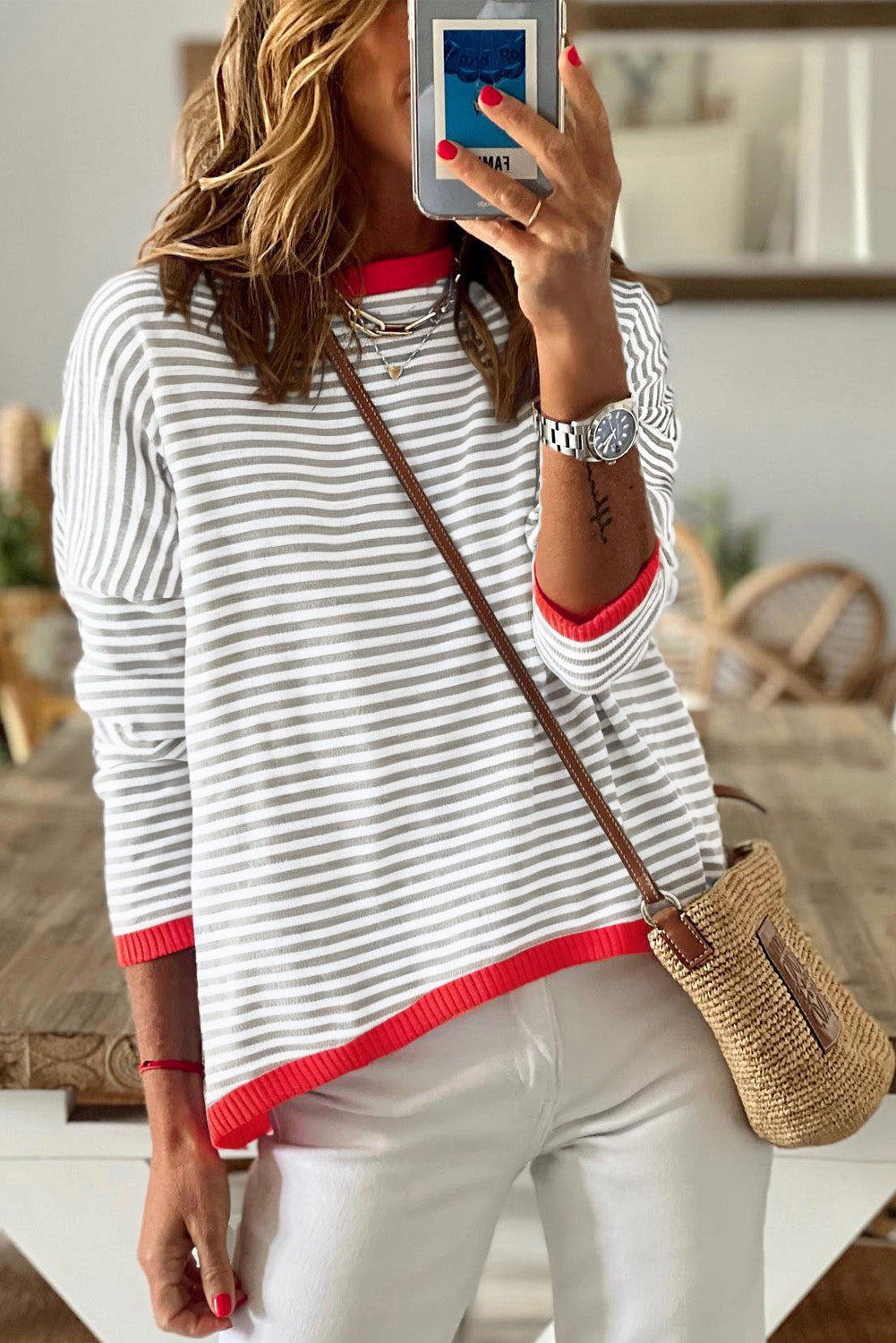 Fiery Red Contrast Trimmed Striped Drop Shoulder Sweater