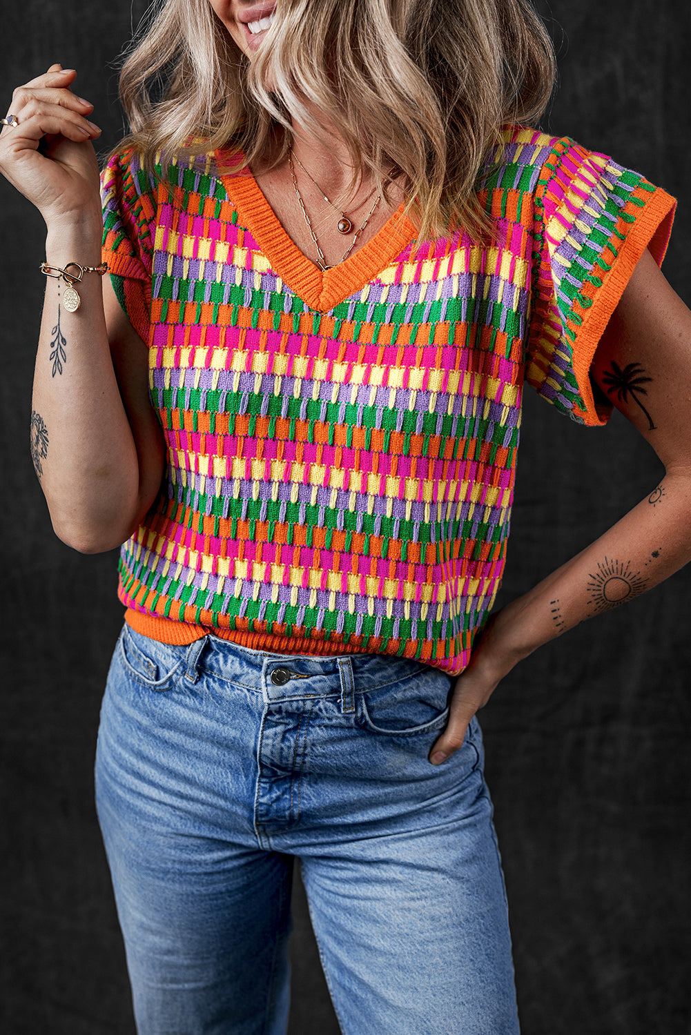 Green Multi Flutter Sleeve Knitted Sweater Top
