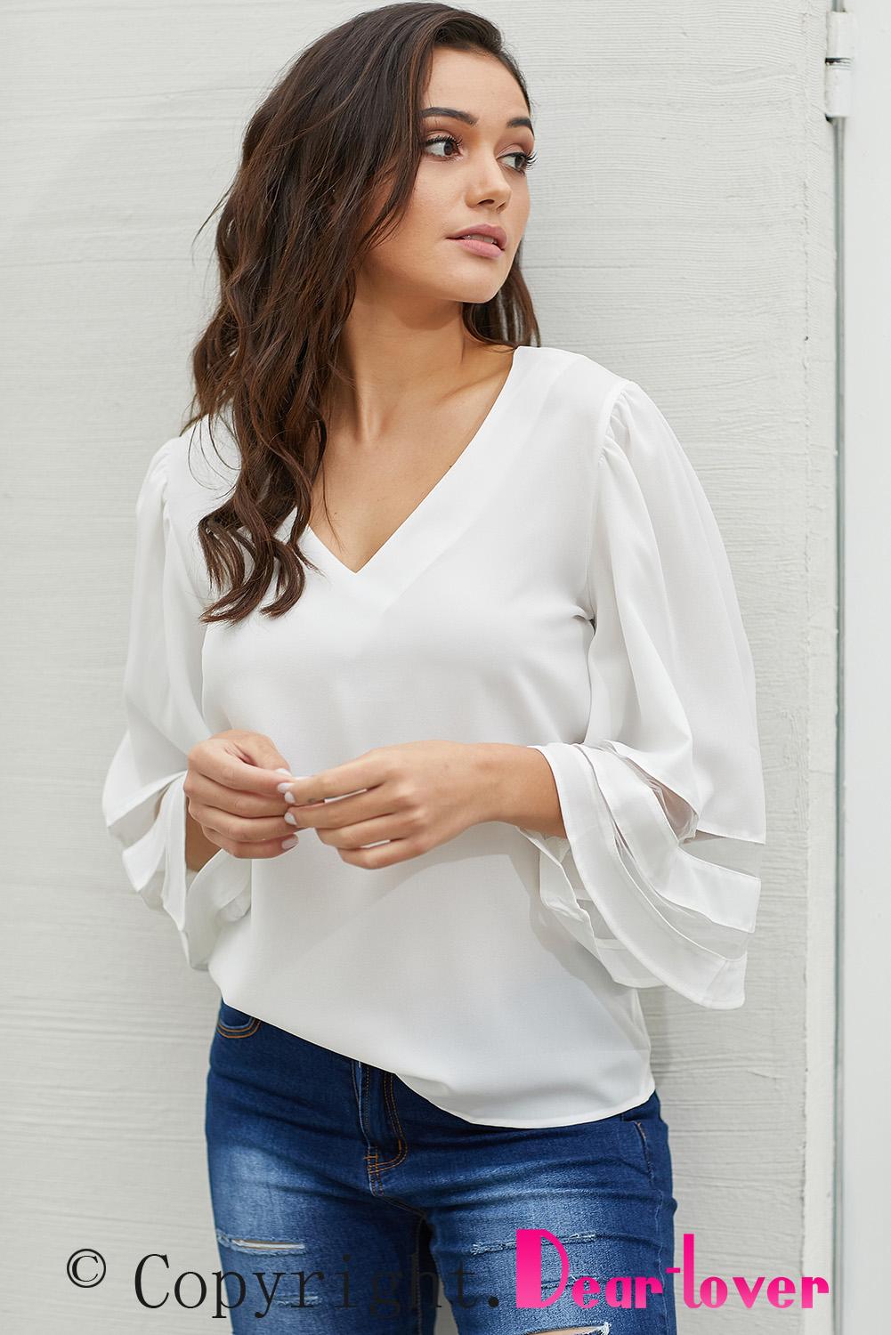 Green Flare Sleeve V Neck Loose Blouse