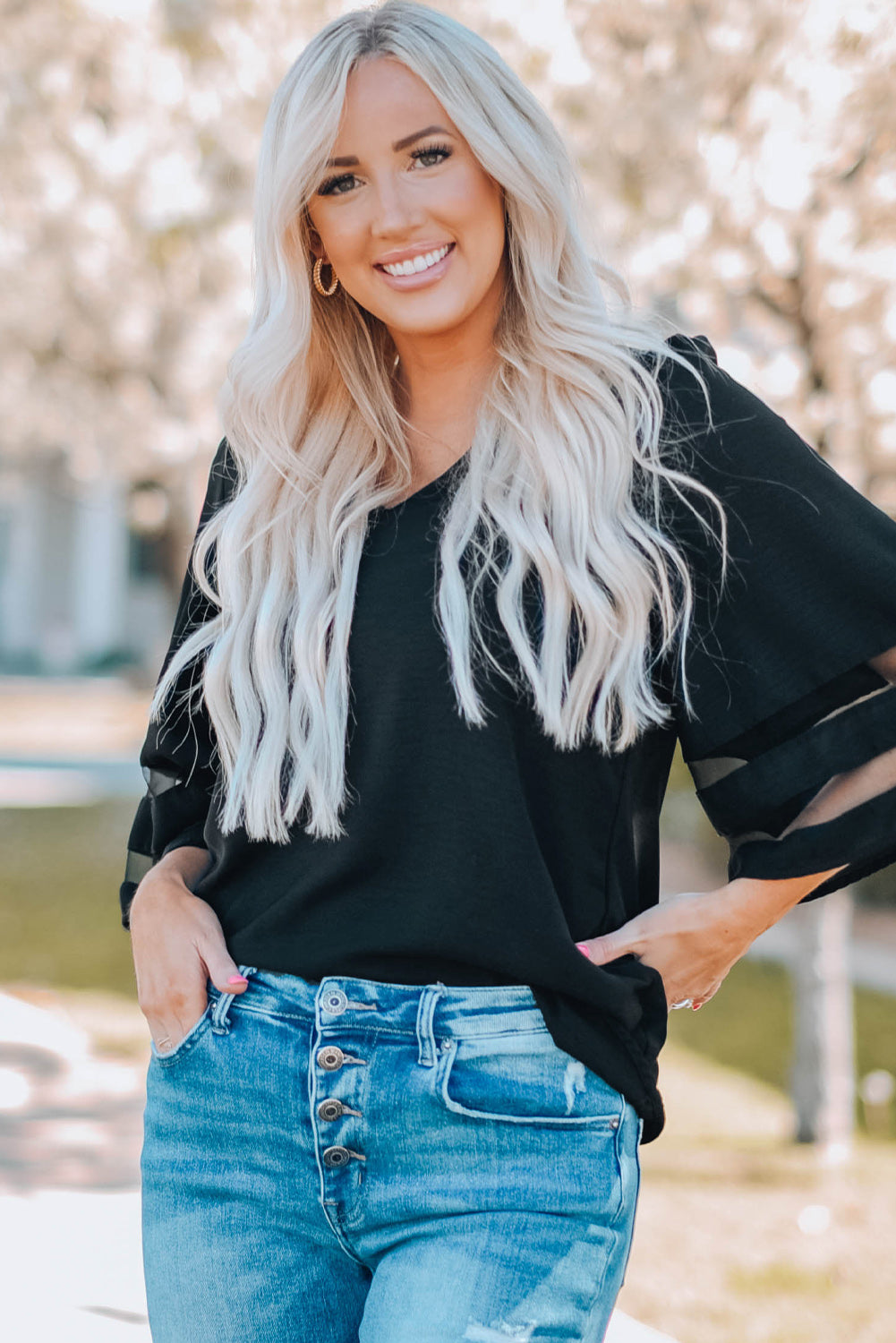 Green Flare Sleeve V Neck Loose Blouse