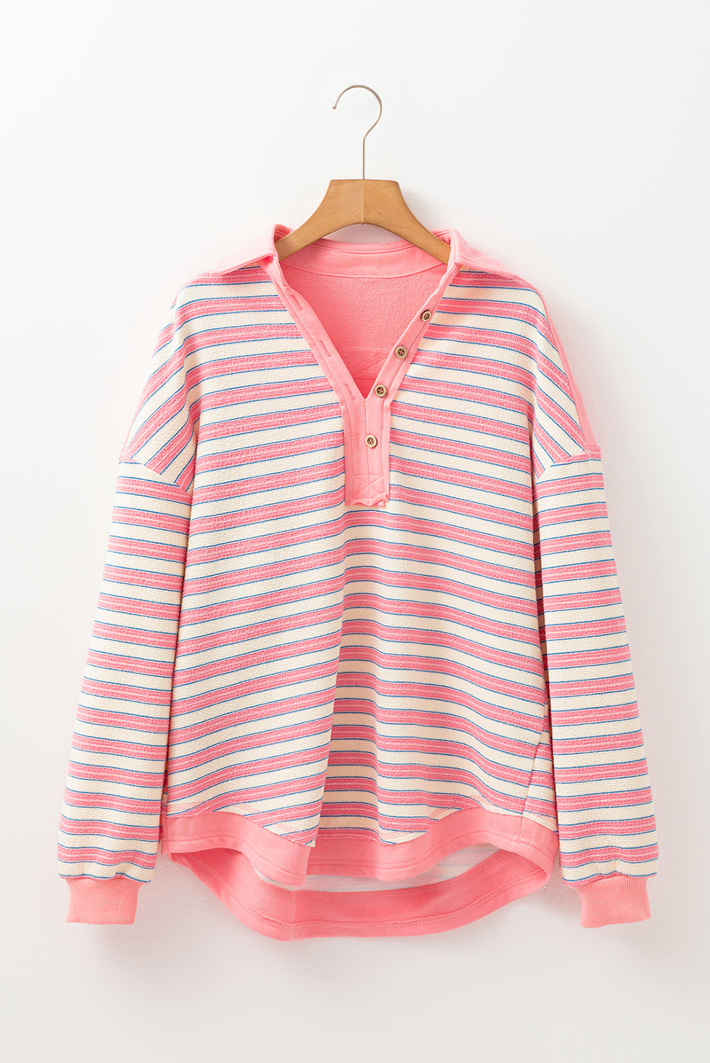 Blue Stripe Buttoned V Neck Collared Drop Shoulder Top