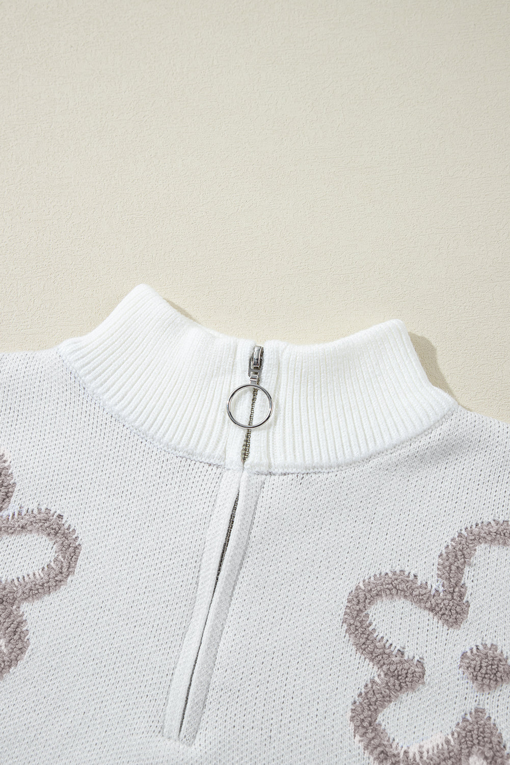 Parchment Contrast Flower Half Zipper Stand Neck Sweater
