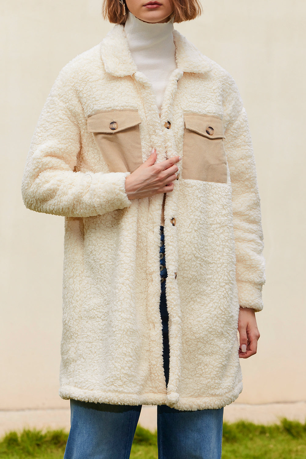 Khaki Contrast Flap Pocket Single Breasted Teddy Coat