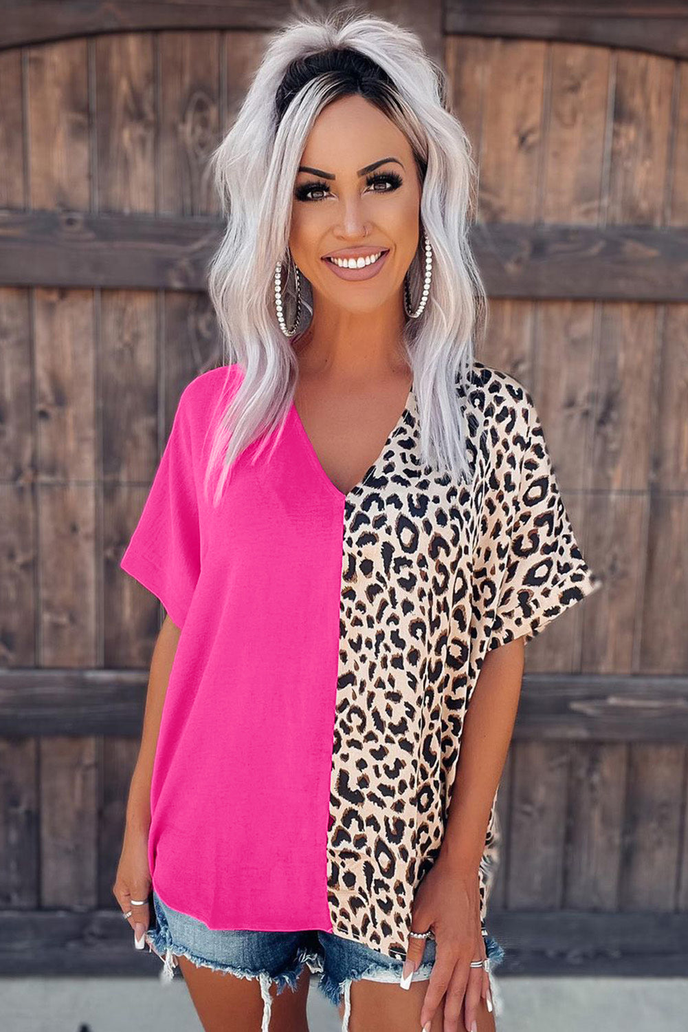 Khaki Contrast Leopard Color Block Blouse
