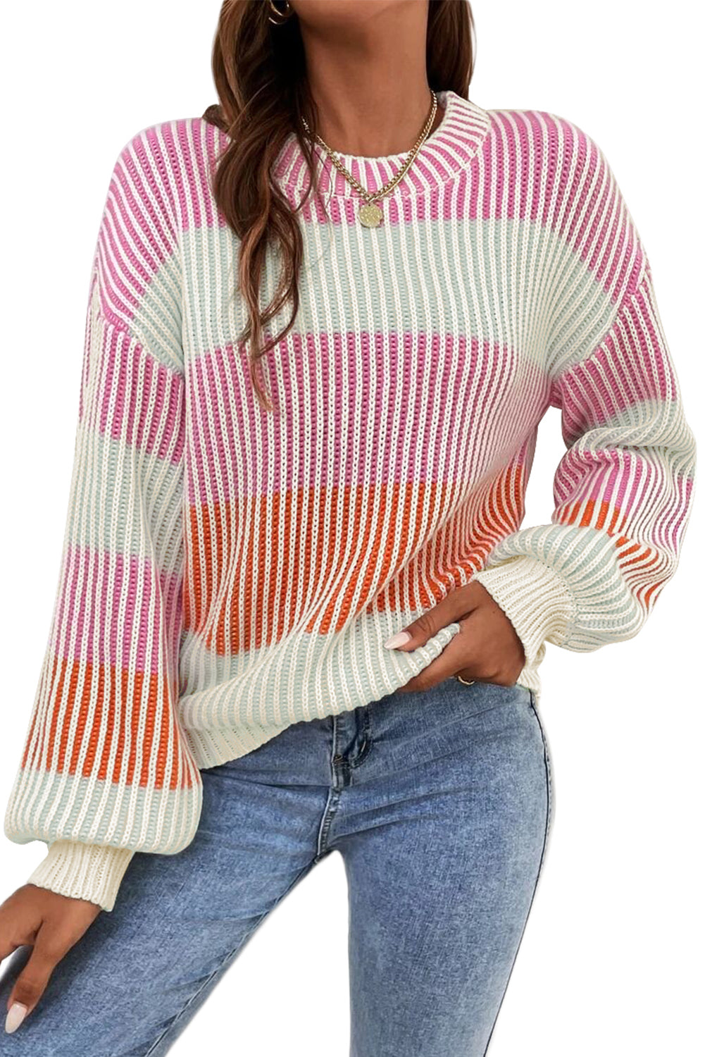 Multicolour Colorblock Textured Knit Bubble Sleeve Sweater