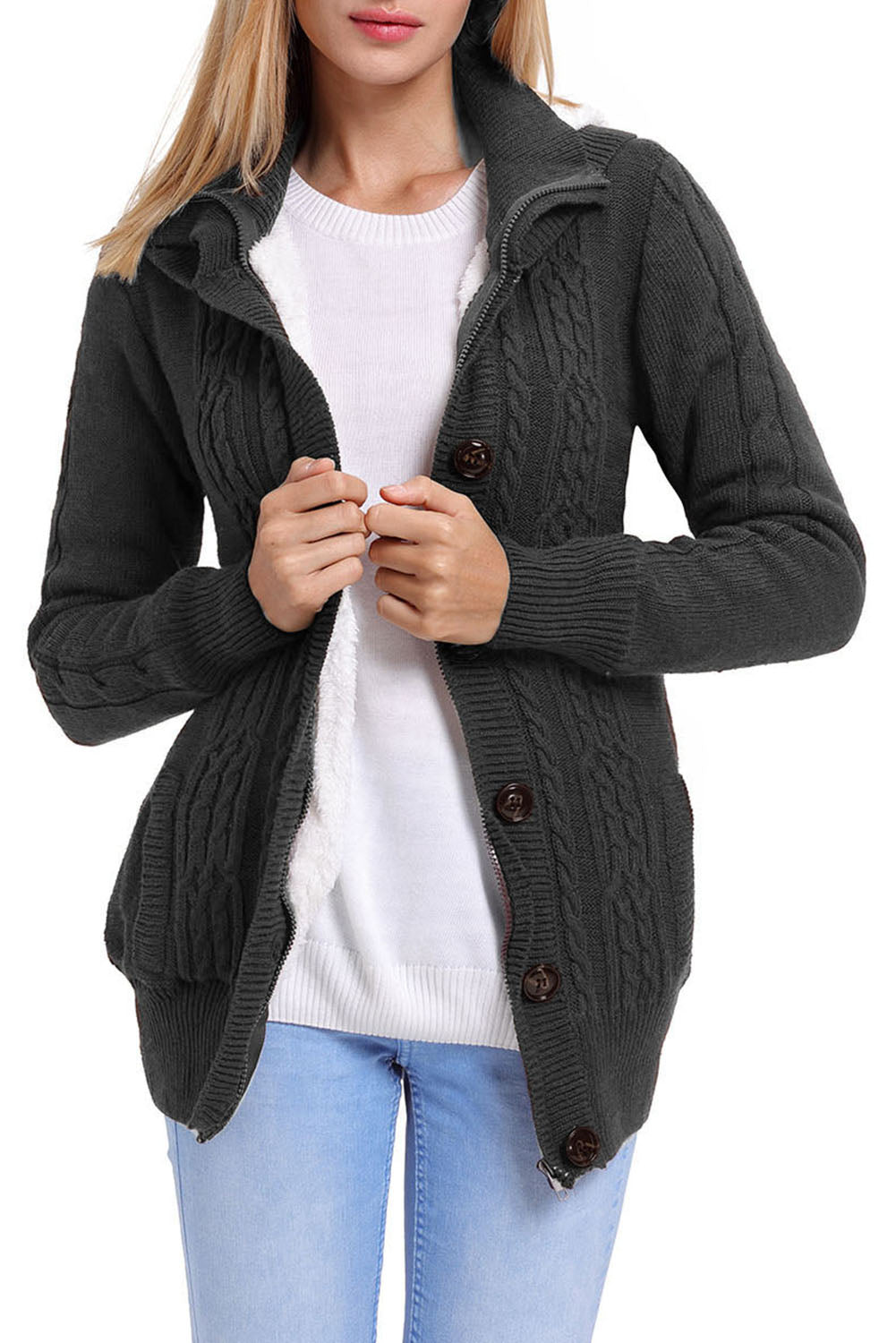 Navy Blue Long Sleeve Button-up Hooded Cardigans