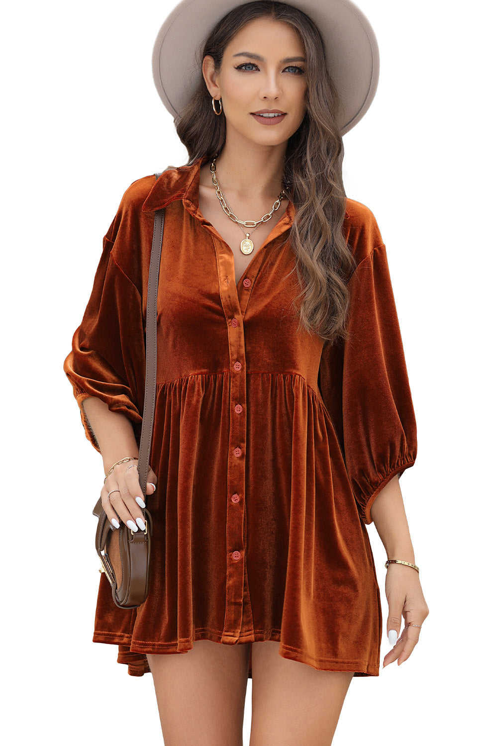 Pale Khaki 3/4 Sleeve Tunic Babydoll Velvet Shirt