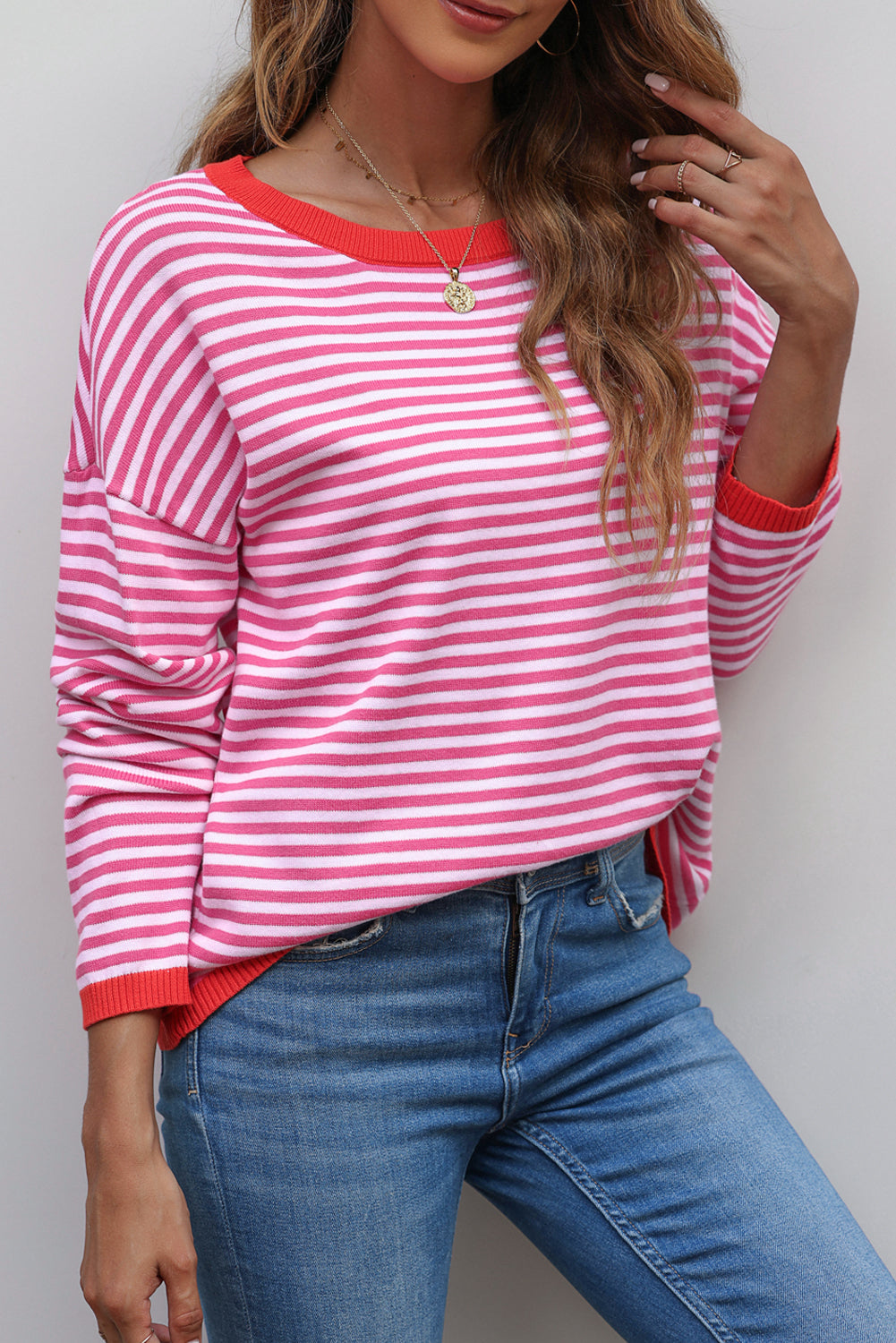 Fiery Red Contrast Trimmed Striped Drop Shoulder Sweater