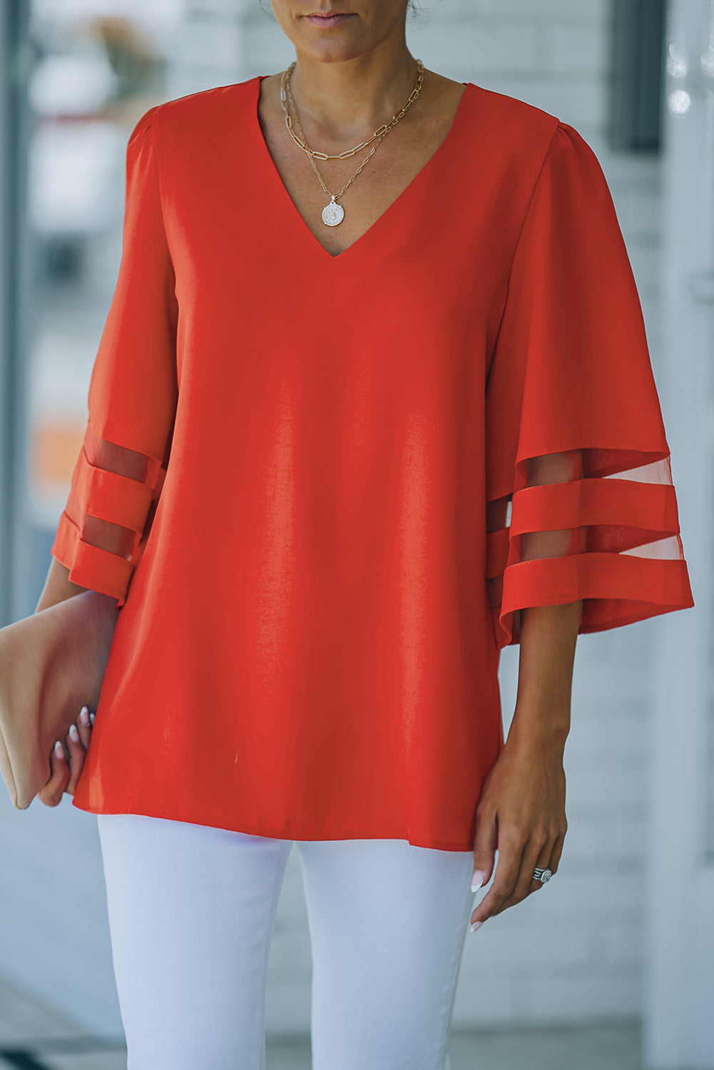 Green Flare Sleeve V Neck Loose Blouse
