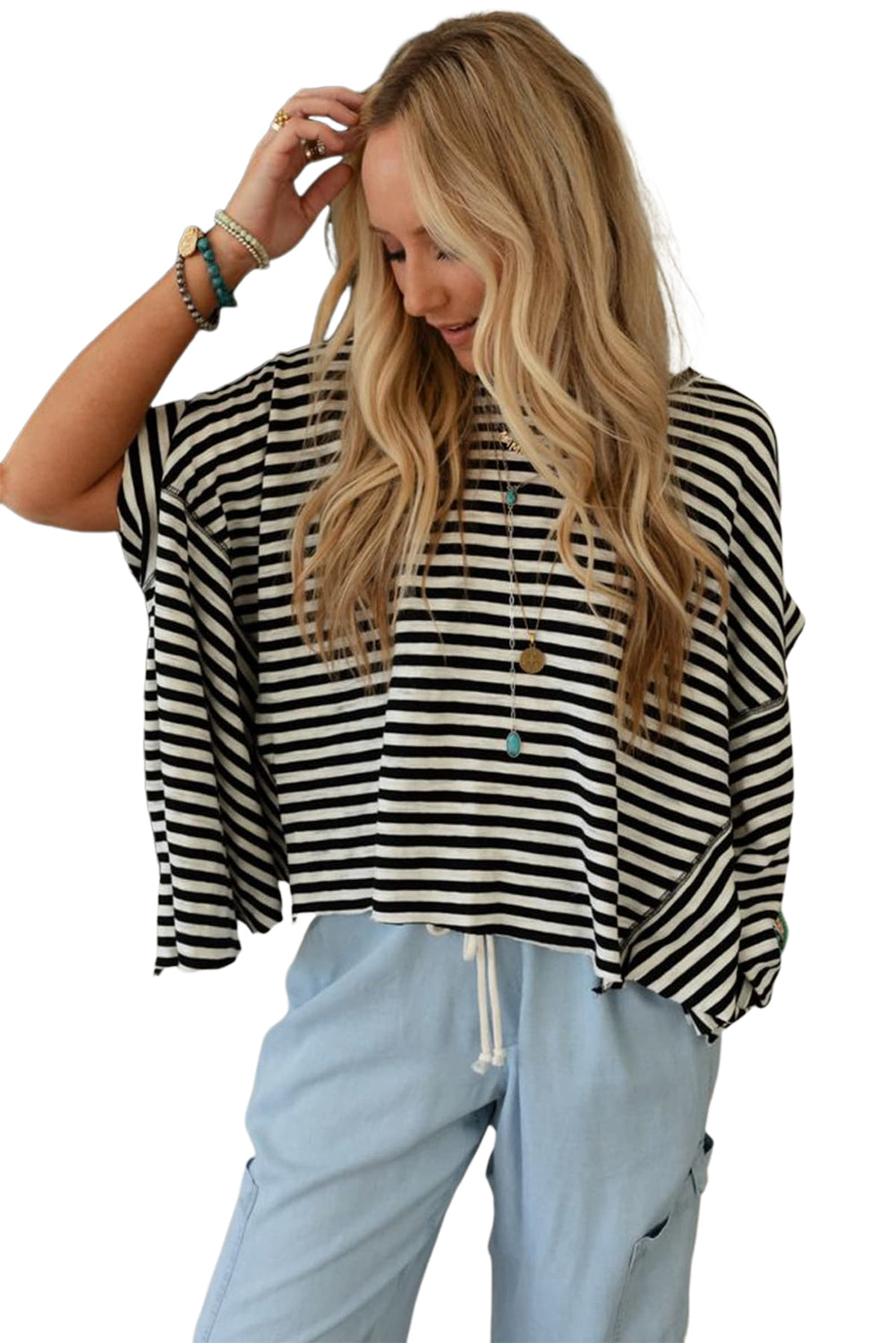 Khaki Stripe Batwing Sleeve Crewneck Oversized Top