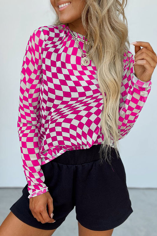 Khaki Checkered Pattern Mesh Mock Neck Long Sleeve Top
