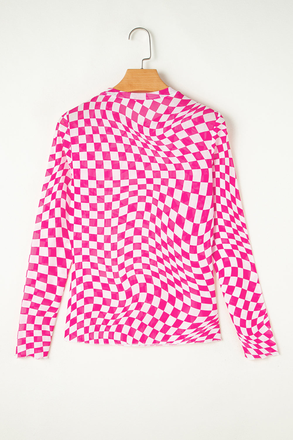 Khaki Checkered Pattern Mesh Mock Neck Long Sleeve Top