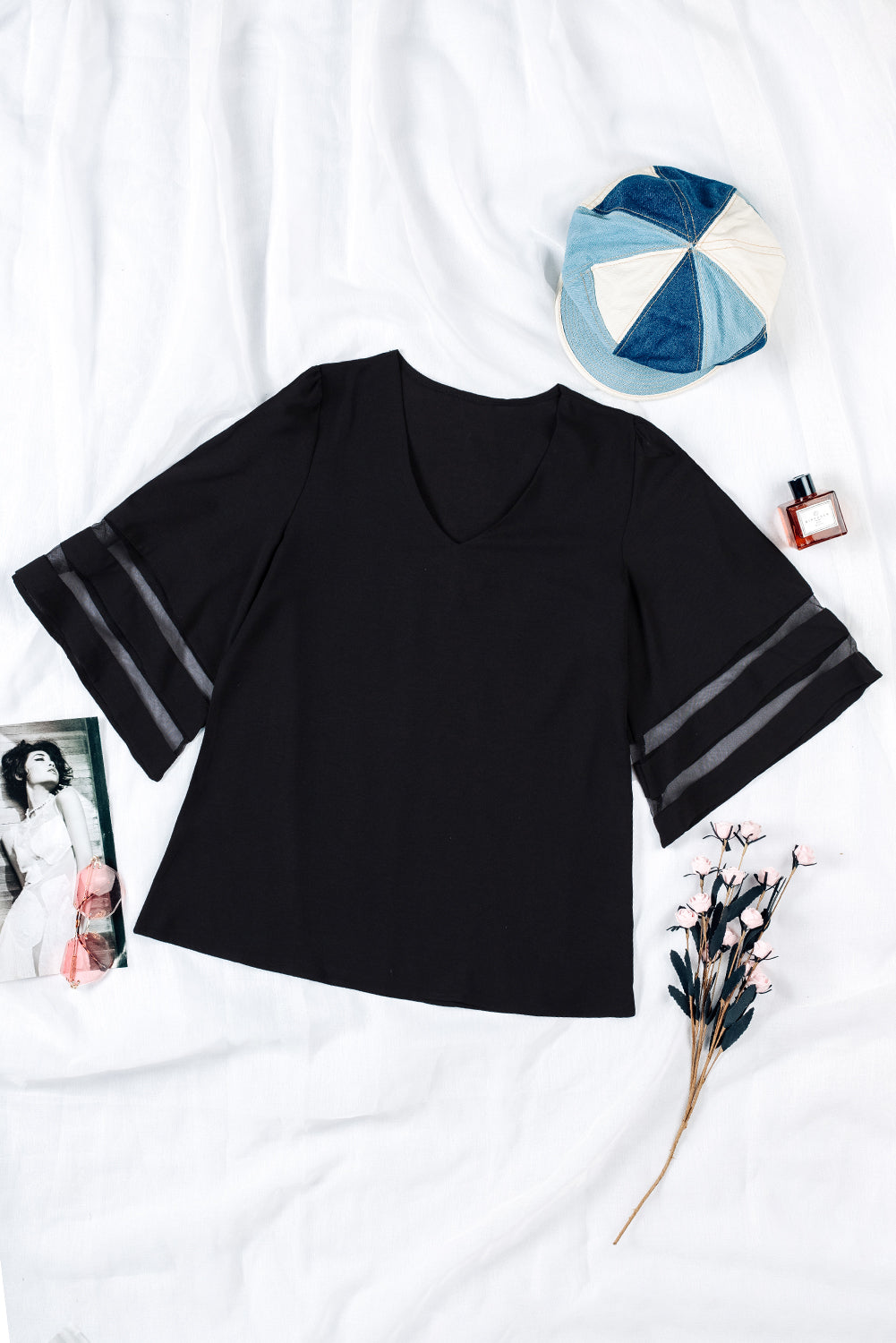Green Flare Sleeve V Neck Loose Blouse
