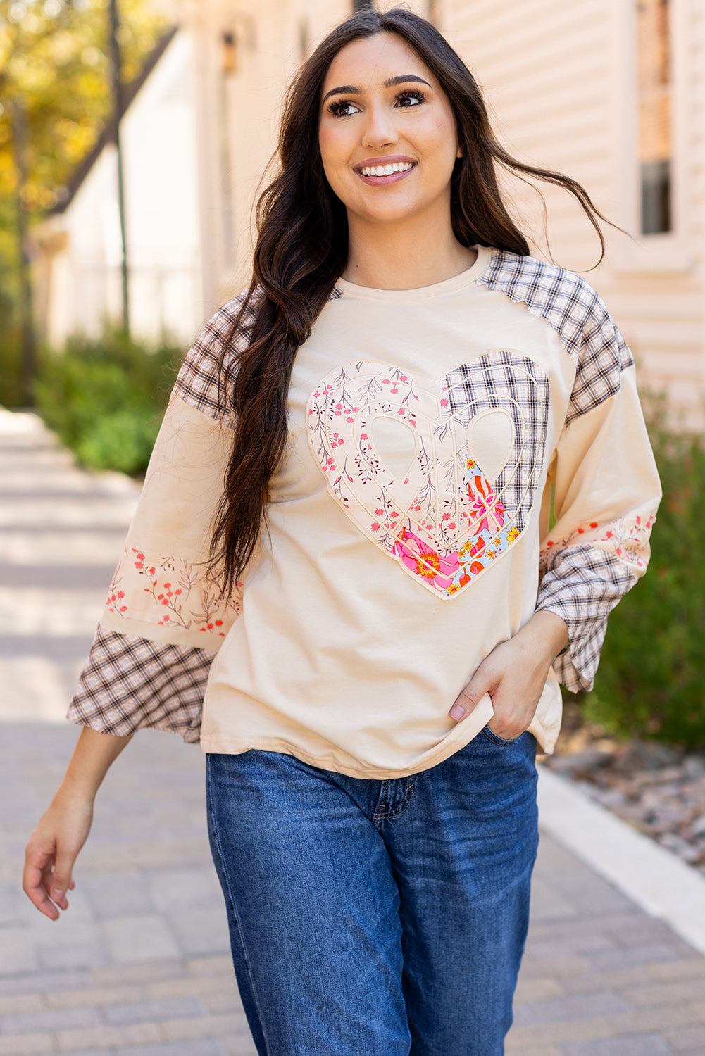Clearly Aqua Plaid Floral Peace Heart Graphic Wide Long Sleeve Top
