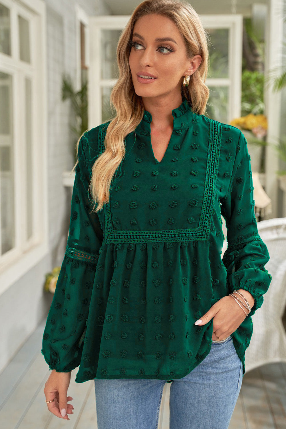 Blue Ruffled Split Neck Lace Hollow Out Puff Sleeve Polka Dot Blouse