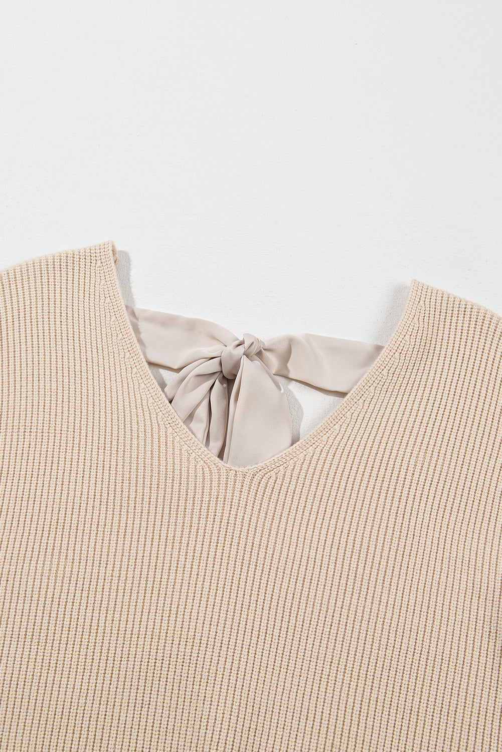 Coffee Lantern Sleeve V Neck Knot Back Sweater