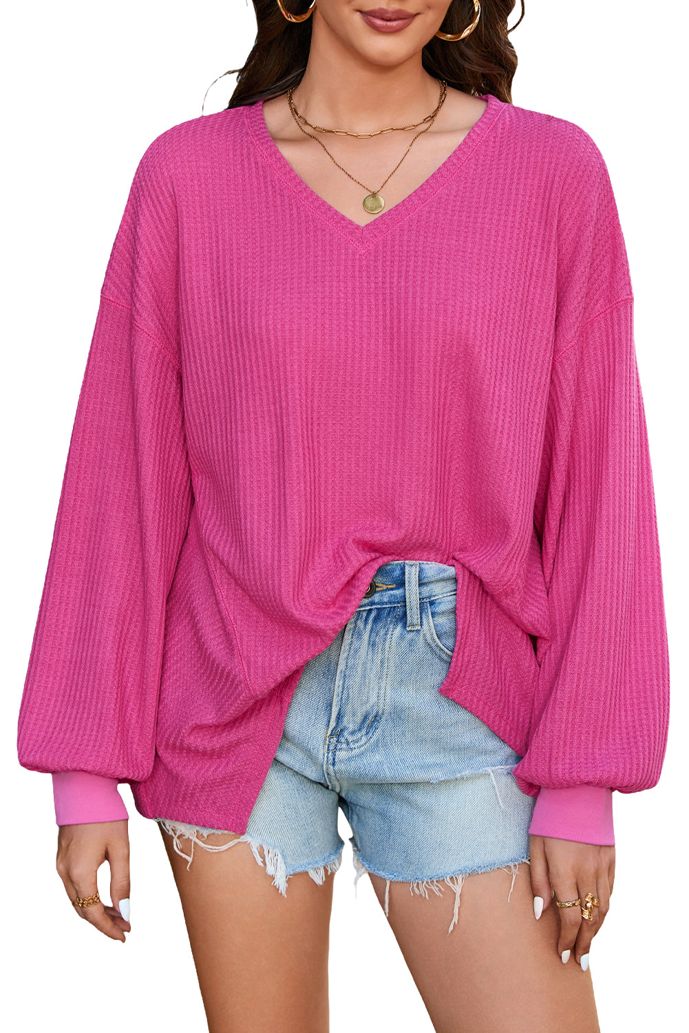 Orchid Petal Waffle V Neck Long Sleeve Drop Shoulder Loose Blouse