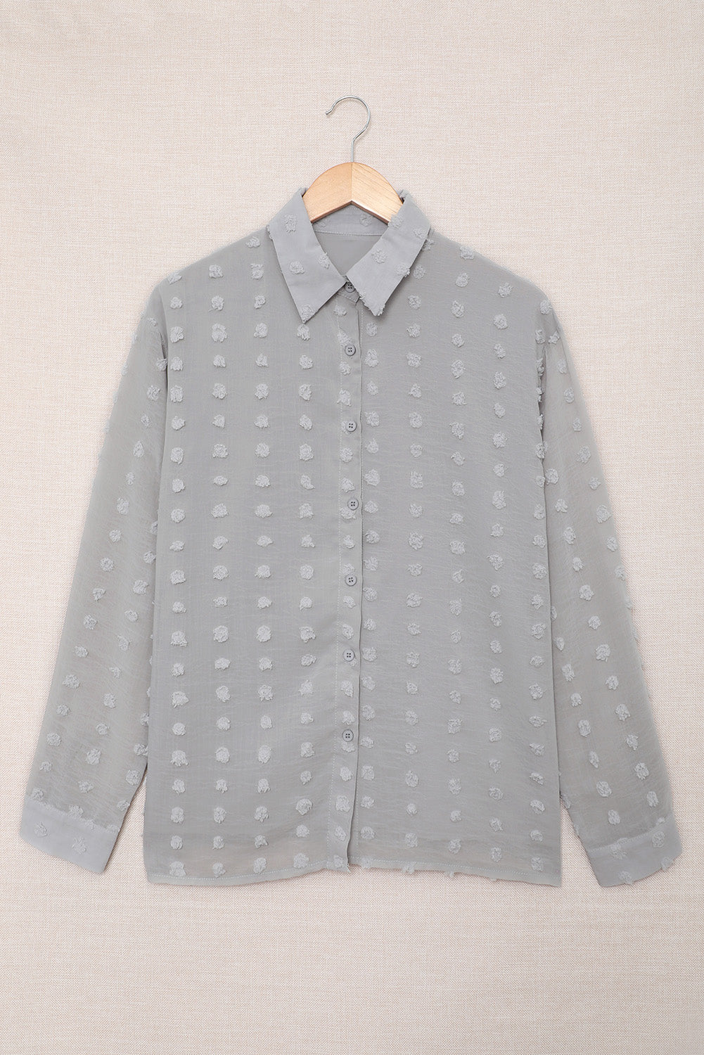 Gray Long Sleeve Button Fuzzy Polka Dot Shirt