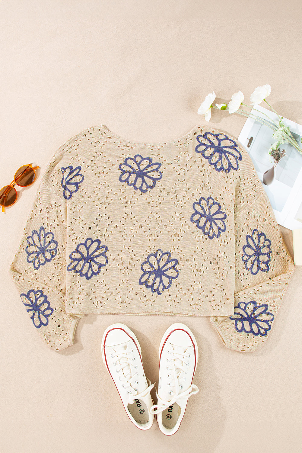 White Contrast Flower Print Eyelet Drop Shoulder Sweater