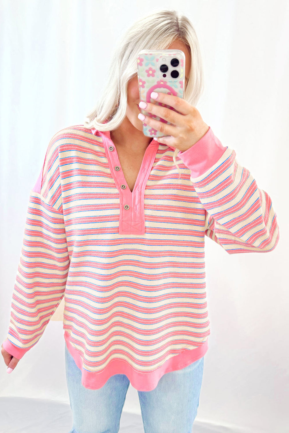 Blue Stripe Buttoned V Neck Collared Drop Shoulder Top