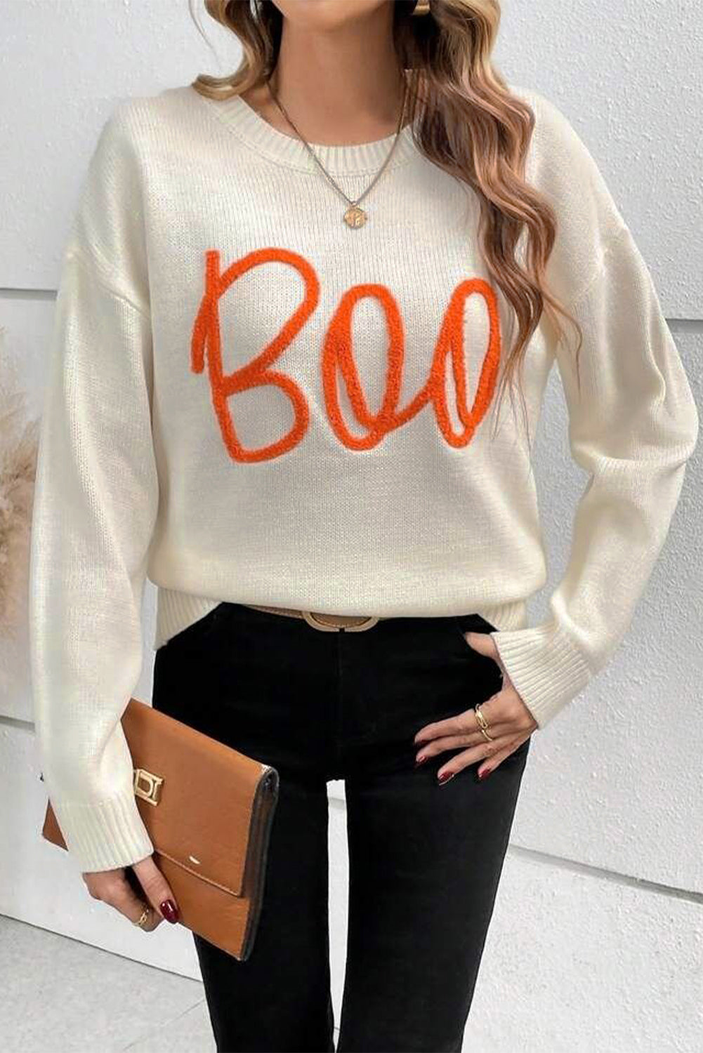 Orange Boo Knitted Pattern Ribbed Edge Drop Shoulder Sweater