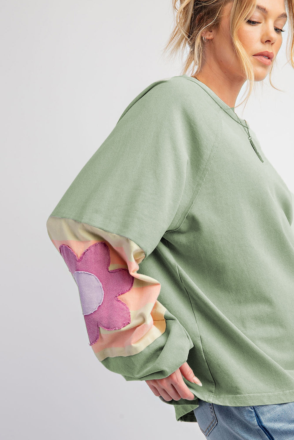 Sail Blue Flower Patchwork Raglan Sleeve Exposed Seam Oversized Top