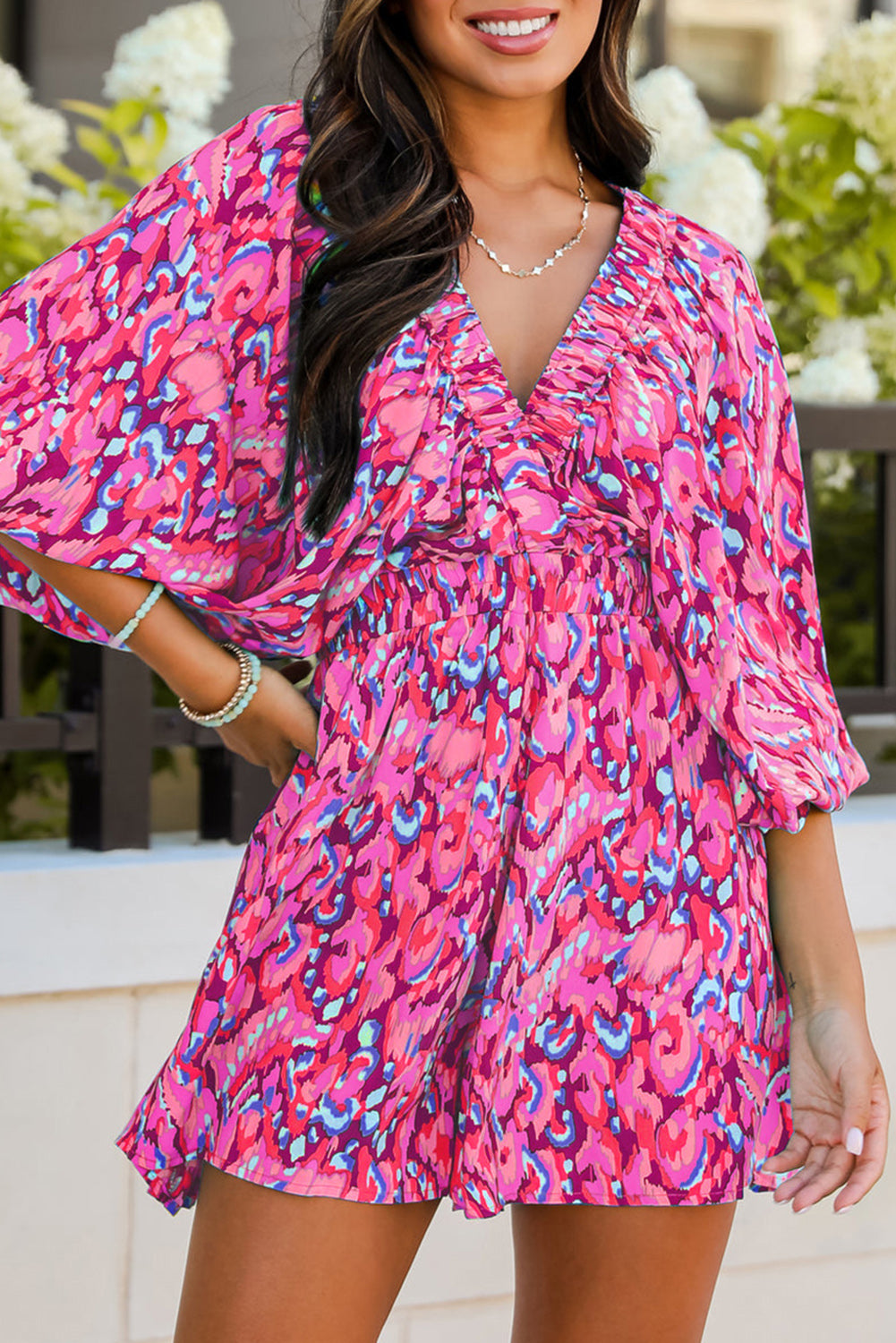 Green Abstract Print Puff Sleeve V Neck High Waist Romper