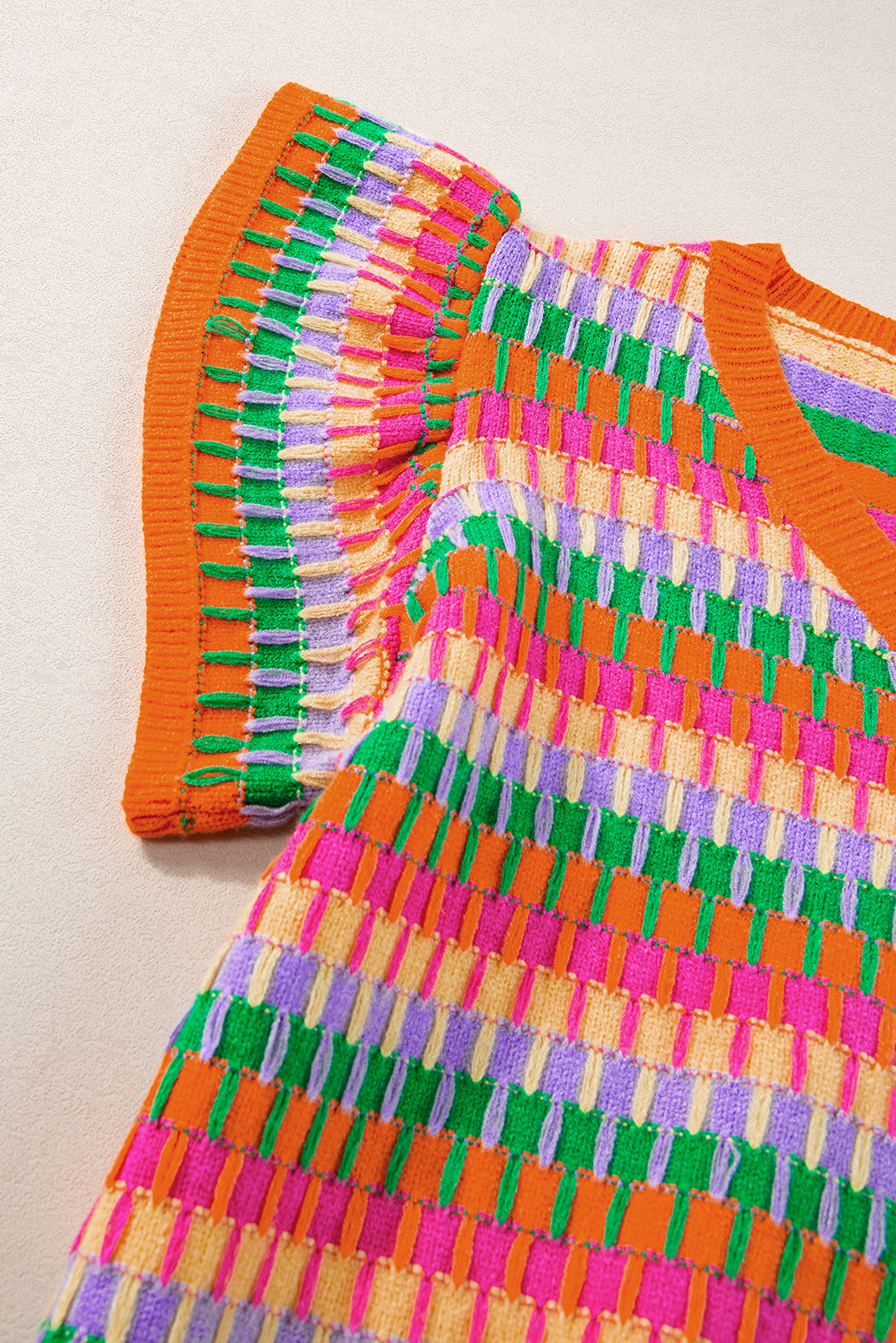 Green Multi Flutter Sleeve Knitted Sweater Top